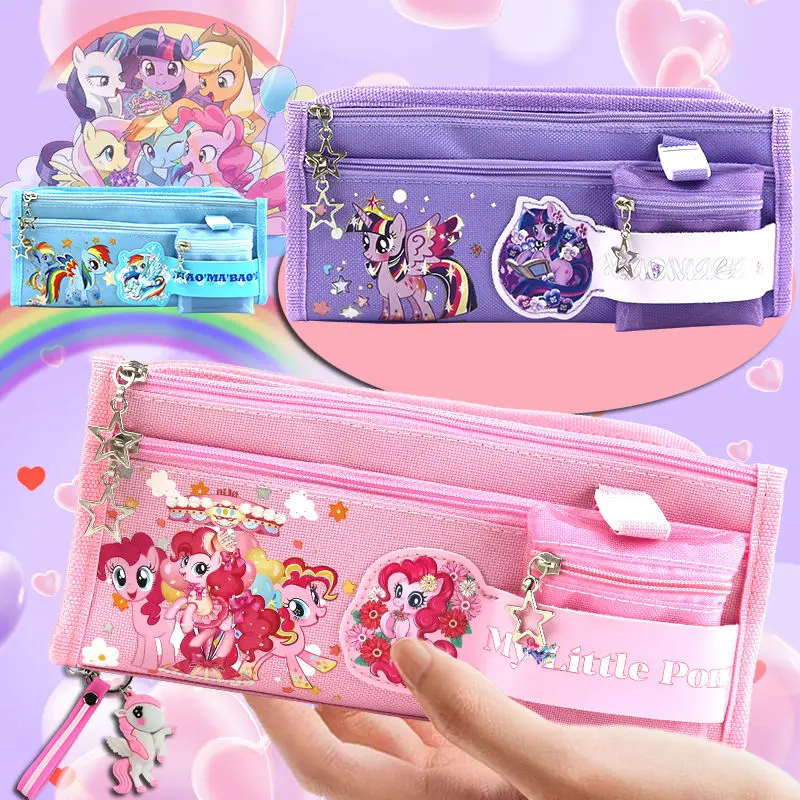 My Little Pony Pencil Bag Cartoon Anime Stationery Box Student Canvas Multi-layer Coin Purse Female Cute Pencil Box Wholesale