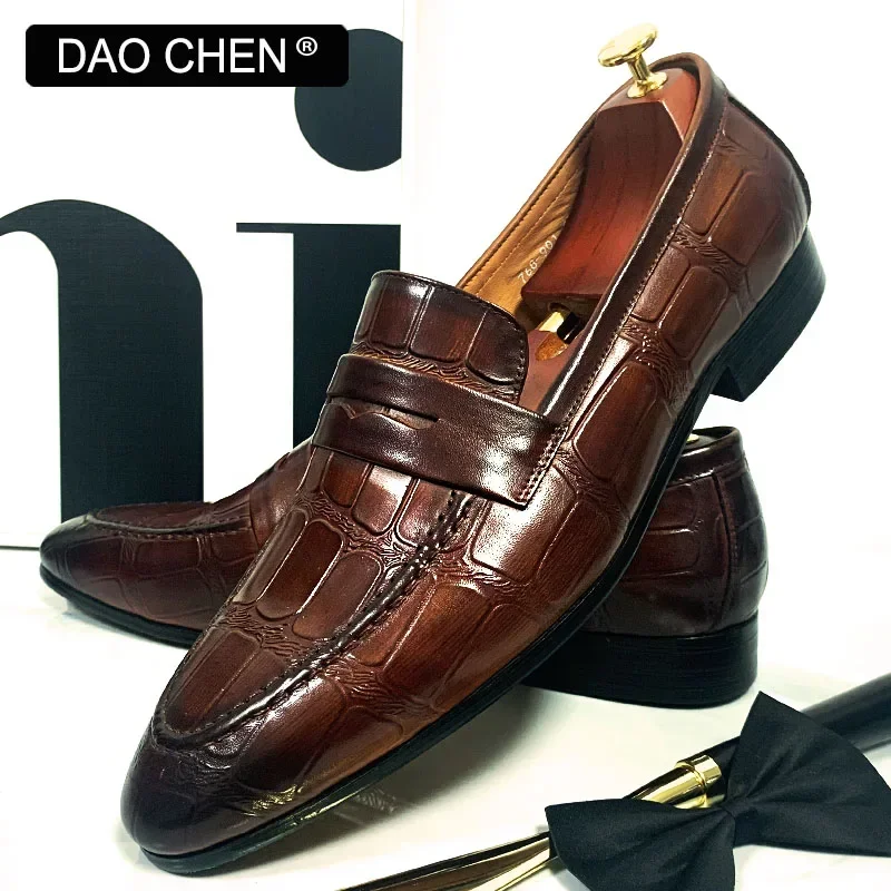 DAOCHEN BRAND MEN\'S LOAFERS SHOES BLACK COFFEE BROWN SLIP ON PENNY LOAFERS OFFICE WEDDING BANQUE CASUAL DRESS MAN SHOES