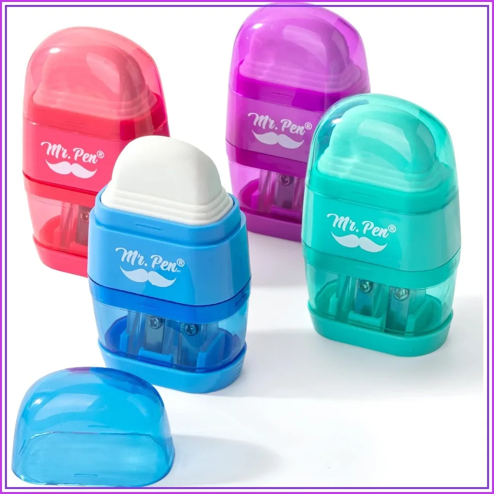 

2-in-1 Manual Pencil Sharpener & Eraser, 4 Pack, Dual Hole for Standard & Jumbo Pencils, Canister Design for School Office