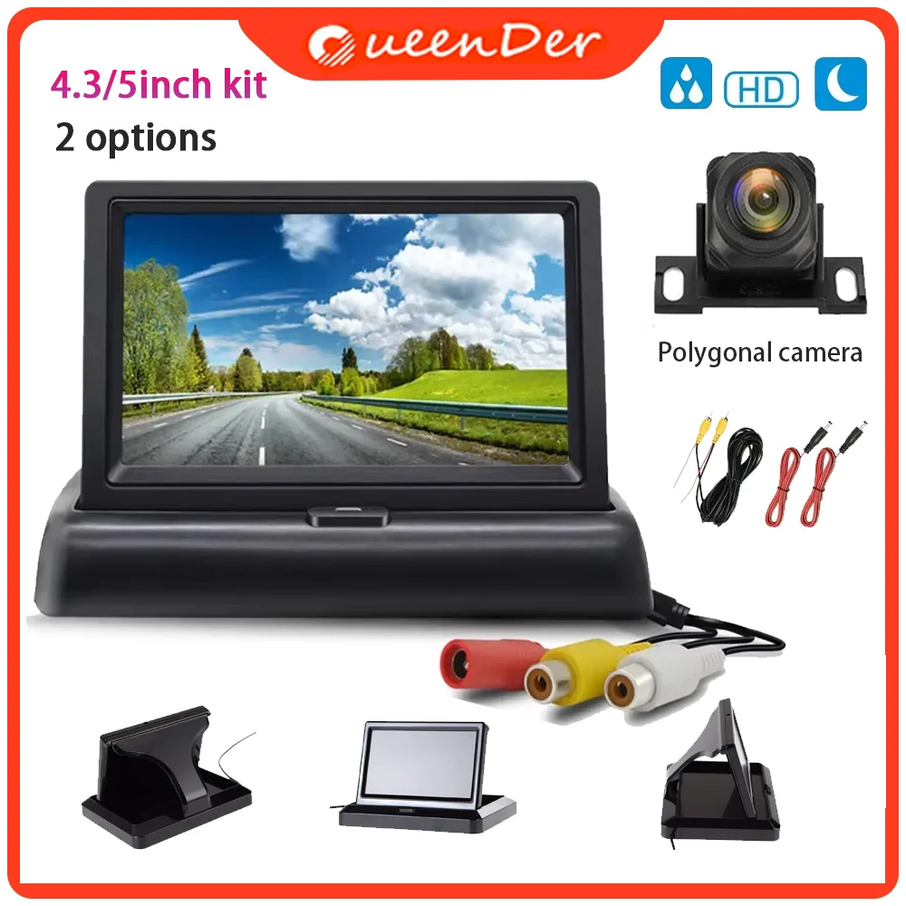 QueenDer 4.3/5-inch Folding Car Rearview HD LCD Video Parking System Car Rearview Polygon Camera Truck Lorry RV Reversing Camera