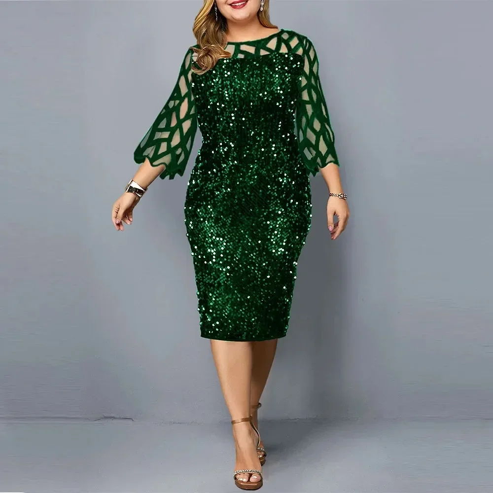 Party Dress for Women Fashion Sequin Lace Mesh Long Sleeve Elegant Evening Wedding Bodycon Dresses Casual Midi Clothing Vestidos