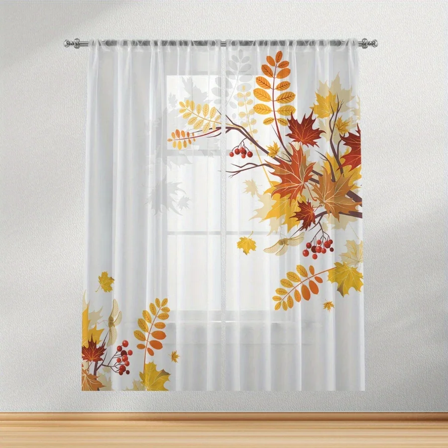 2PCS Digital Print Sheer Curtain, Warm Maple Leaf, Cozy Autumn Seasonal - Voile Drapes for Home Bedroom Living Room Decor