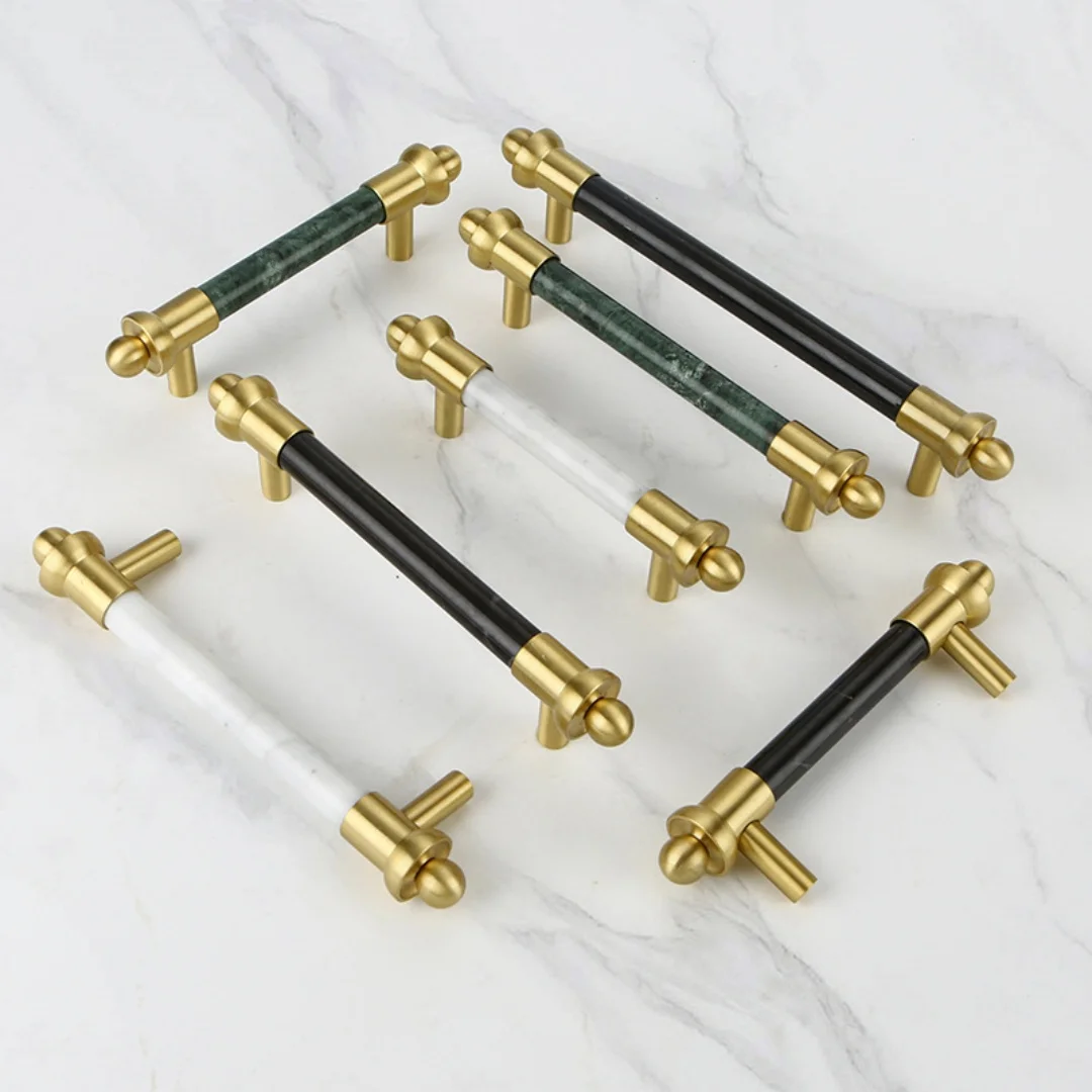 96 128 160mm Fashion Luxury Pure Copper Natural Marble Black Green White Wardrobe Cupboard Kitchen Wine Cabinet Door Handle Knob