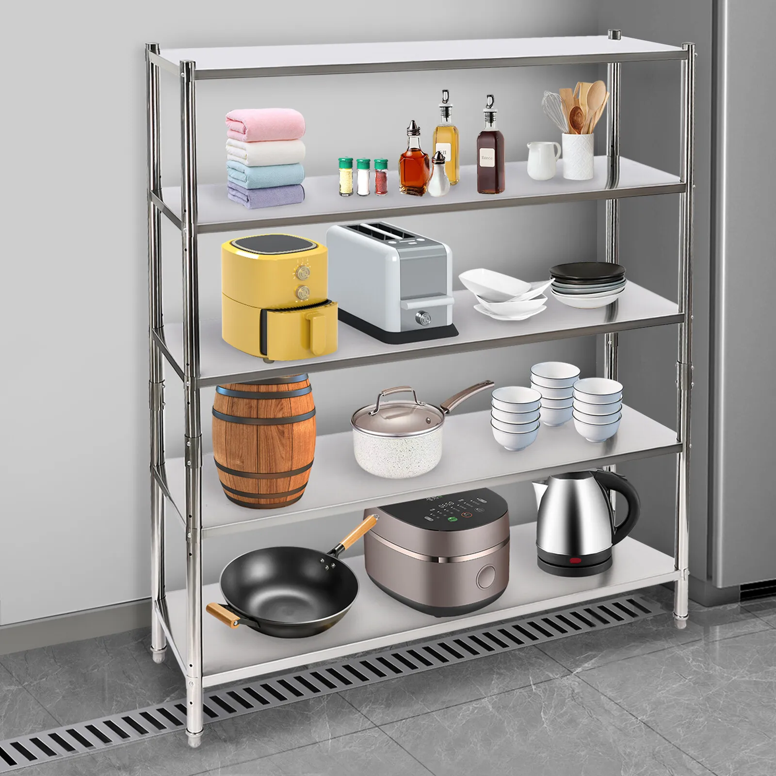 رف من الفولاذ المقاوم للصدأ مكون من 5 طبقات، رف تخزين قابل للتعديل، رفوف شديدة التحمل من الفولاذ المقاوم للصدأ