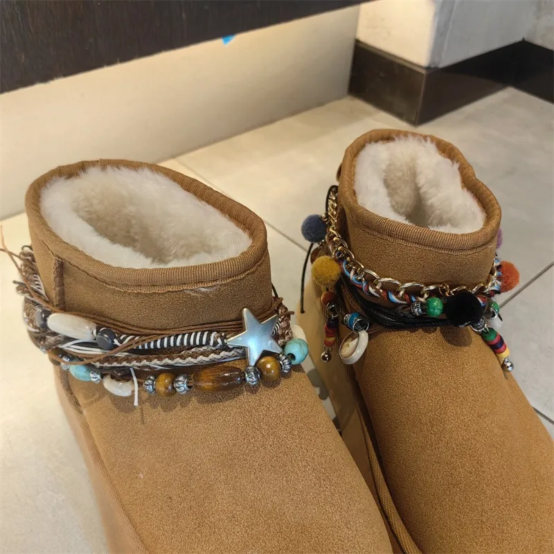 Ethnic Fringe Beaded Shoe Chain for Snow Boots Brown Premium Tassel Boot Decor Winter Accessory Lightweight Detachable Charm