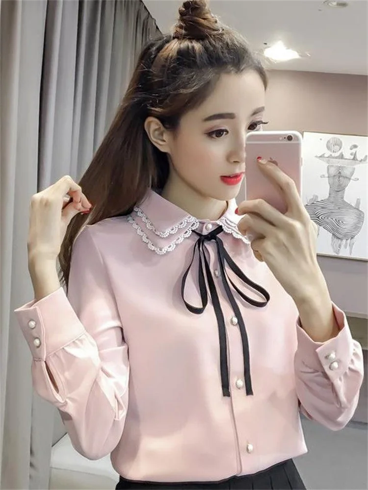 Women Spring Autumn Style Vintage Blouses Shirts Lady Casual Long Sleeve Turn-down Collar Pink White Blusas Tops DF3089