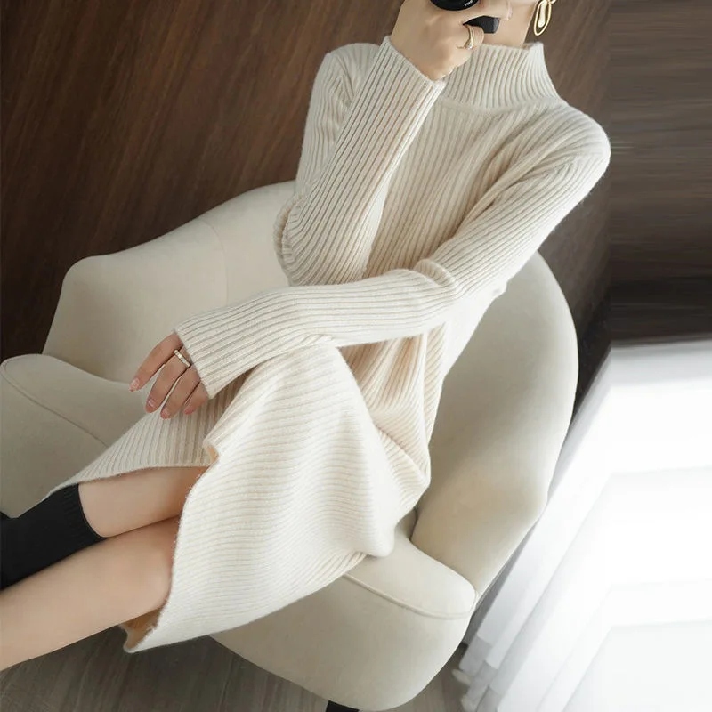 

Осень-зима женское трикотажное платье полуводолазка с длинными рукавами свитера платье средней длины майки женские пуловеры трикотажное платье