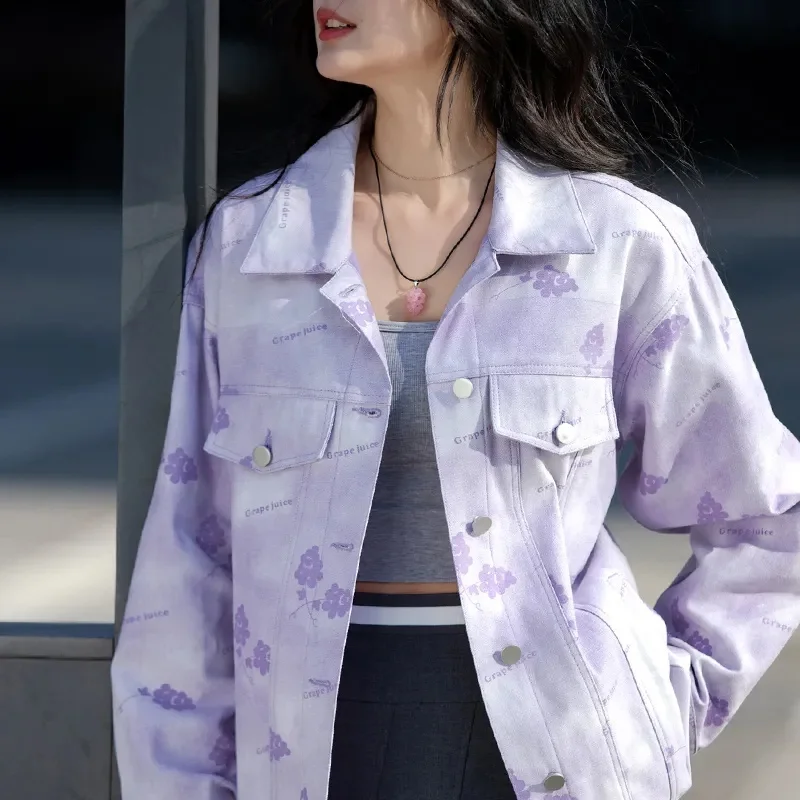 Purple Grape Print Coat for Women's Autumn Winter 2023 New Top Design Sense Small Versatile Fashion High Grade Korean Commuter