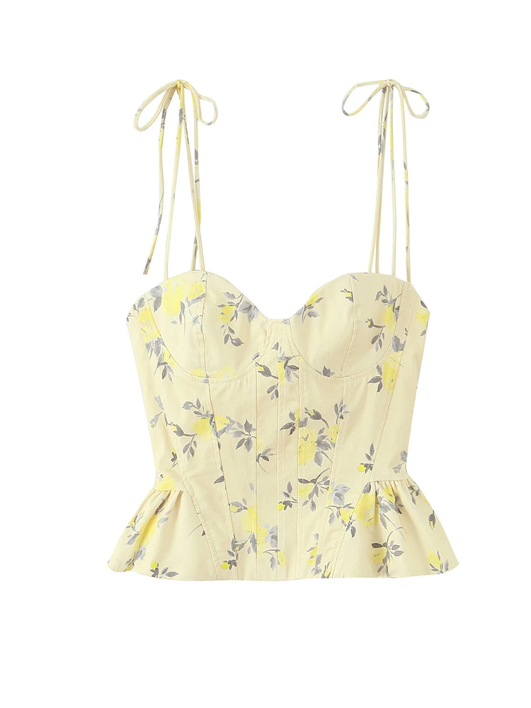 

Summer Strappy Cami Top Floral Print Backless Low-Neck Sleeveless Slim Crop Tops