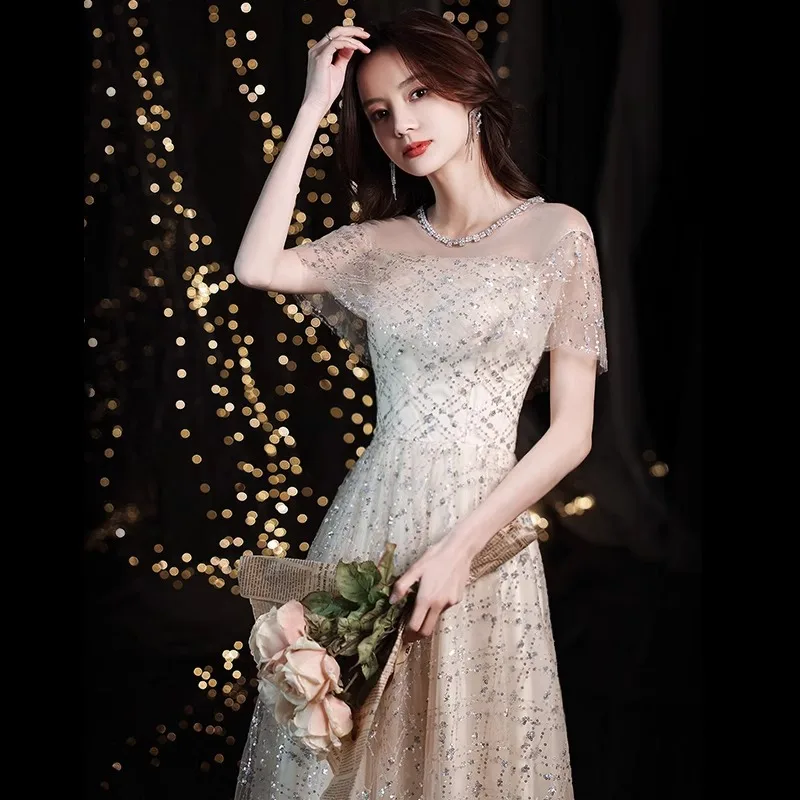 Sequined Evening Dress Women's Sense Special Interest Light Luxury Banquet Temperament Annual Meeting Dinner Host Women Clothing