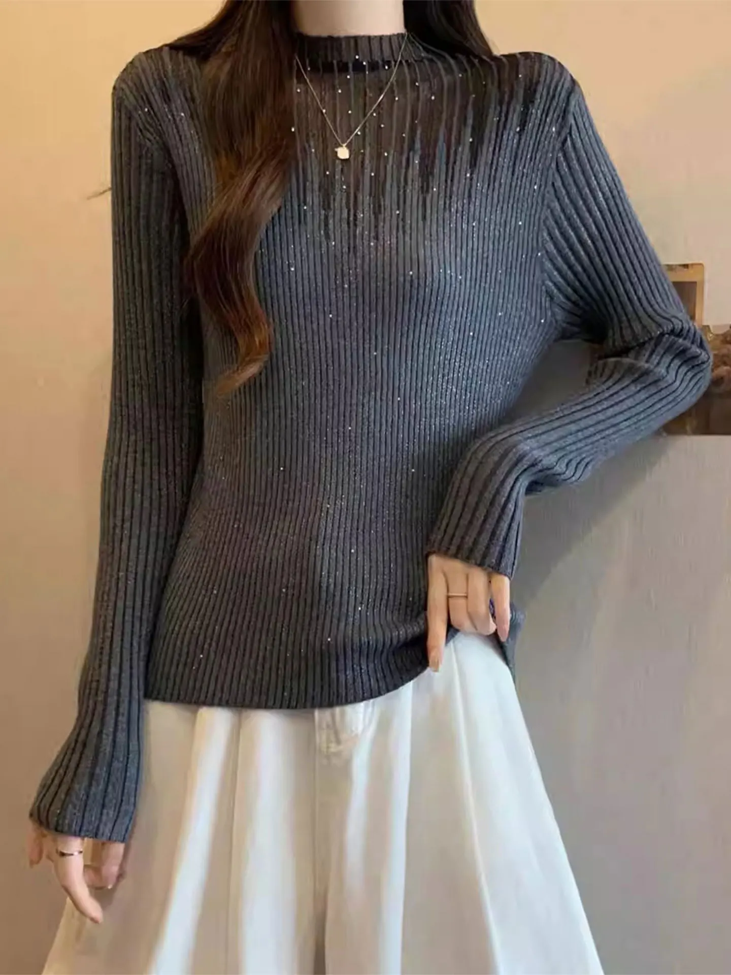 

Женская трикотажная одежда Long Sve Diamond Embellied Me ter Ne plus Size, удобная основа, повседневная одежда для поездок на работу