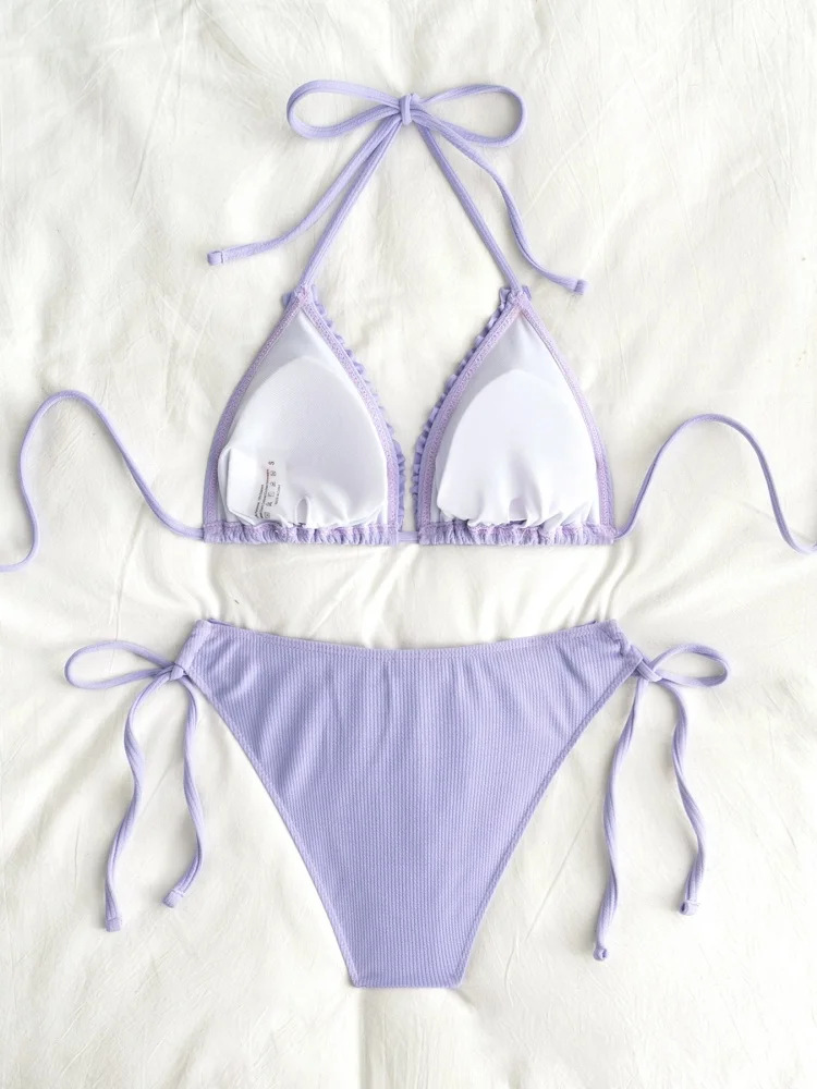 Bikini Frauen Badeanzug 2025 Neue Solide Halter Design Bikini Set Sexy Spitze Up Bademode Sommer 2 Stück Set Strand Badeanzug weibliche