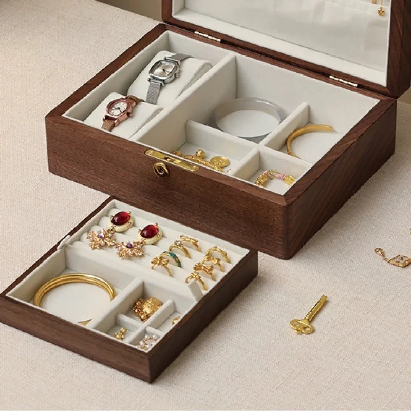 Black Walnut Jewelry Box, 2-Layer Wooden Organizer, Makeup Vanity Case, Ring Bracelet Necklace Storage Holder for Women