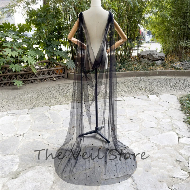 Real Photos Black Pearls Tulle Bridal Cape Draped Veils Wedding Bolero Shrugs Beaded  Cathedral Long Sparkly 3 Metres