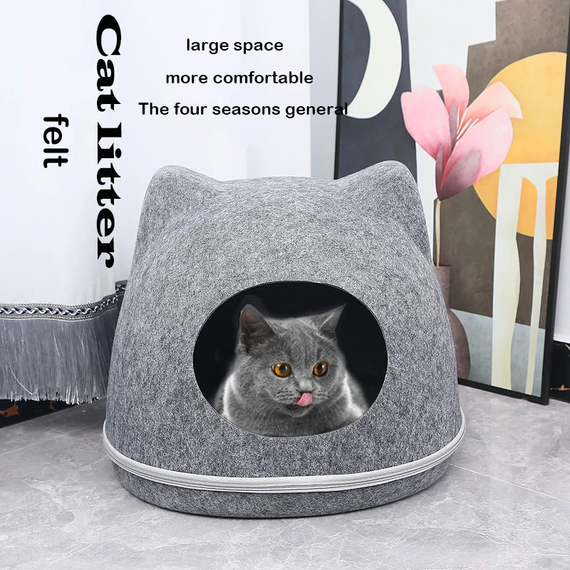 Easy To Remove And Clean Cat Bed Pets House Natural Felt Pet Cat Cave Zipper Design Washable Cave Cats Beds Puppy Cat Supplies