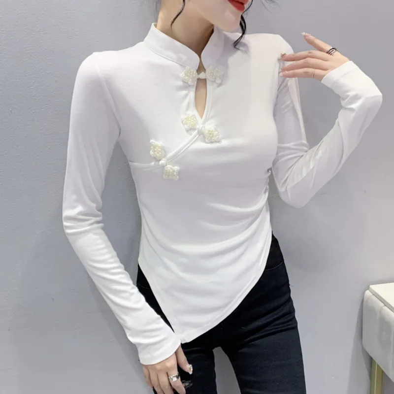 #8093 Black White Irregular T Shirt Women Buttons Vintage Hollow Out Stand Collar Chinese Style Short Tight T Shirt Long Sleeve