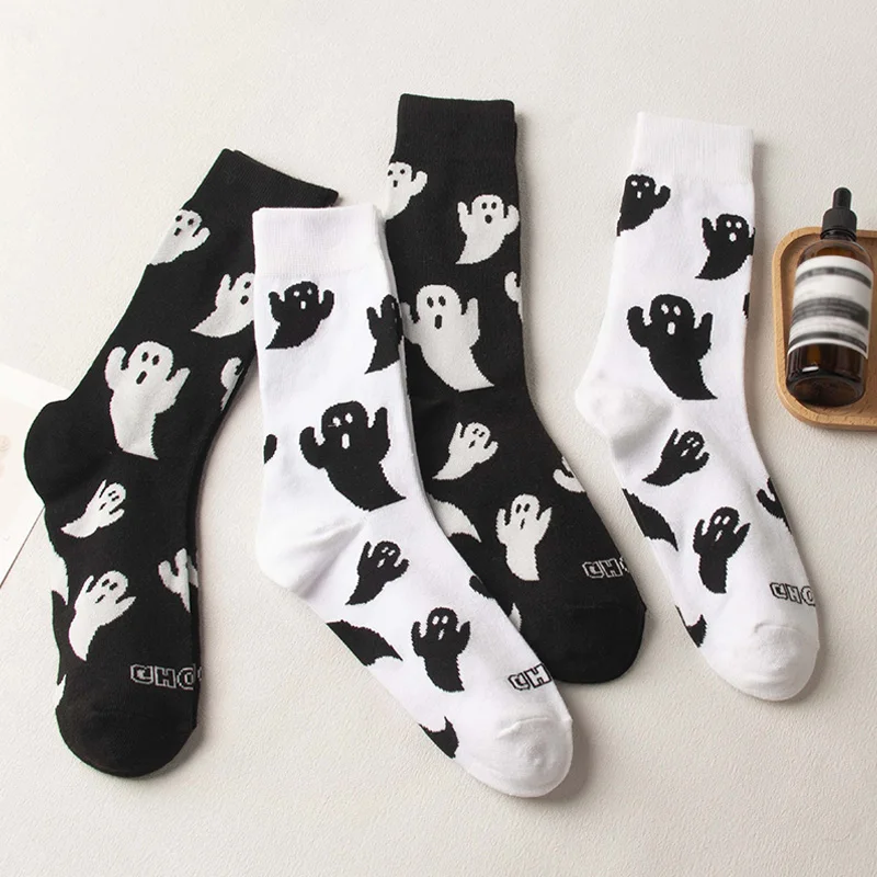 Halloween Ghost Socks Black White Harajuku Mid Tube Warm Sock Women Men Couples Holiday Funny Cosplay Sock Fashion Unisex Gifts