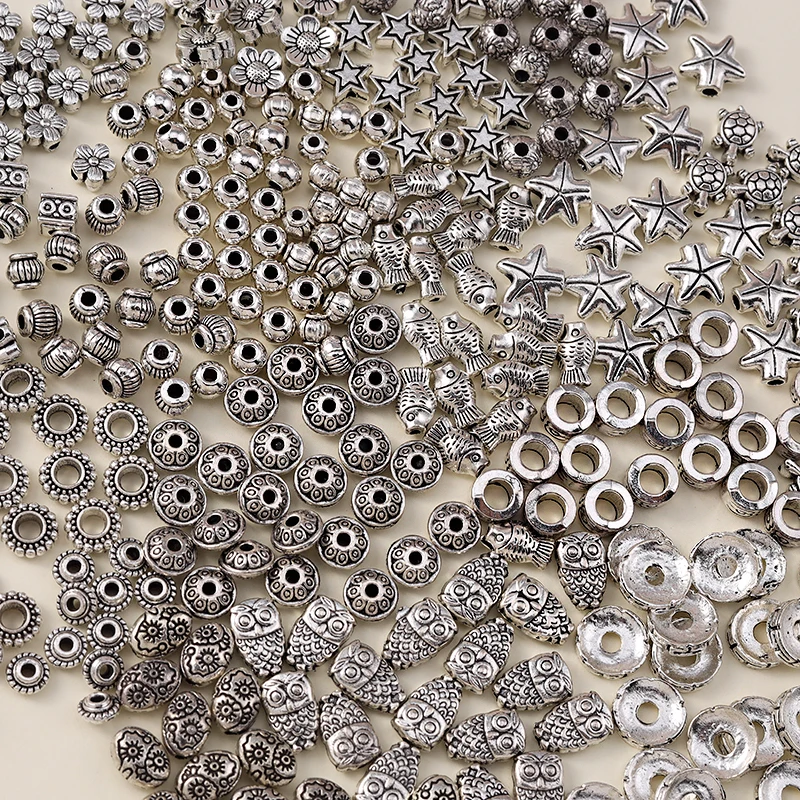 Leslie 50pcs Tibetan Antique Silver Color Metal Beads Animal Flower Round Spacer Beads for Jewelry Making DIY Bracelet Necklace