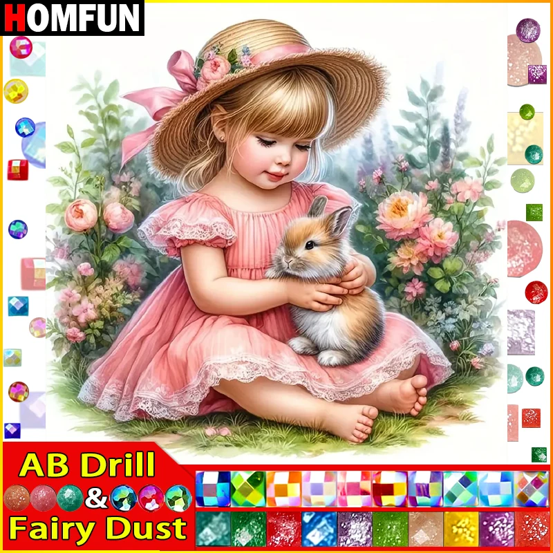 

HOMFUN Фея Пыль AB 5D DIY Алмазная картина "Портретная девушка Кролик" Полная дрель Смола Алмазная вышивка крестиком Домашний декор