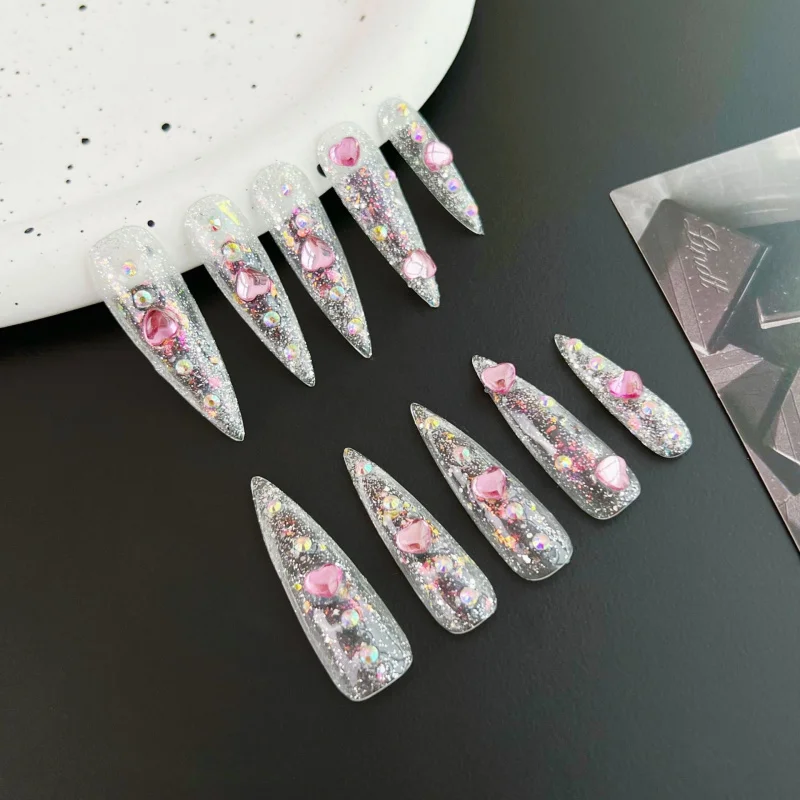 

European and American Ins Sweet Cool Hot Girl Long Pointed Nail Transparent Pink Love Spot Drill Handmade Wear Nail