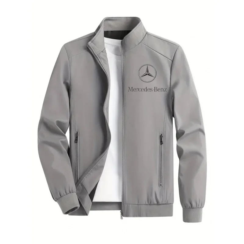 เสื้อแจ็คเก็ตฤดูใบไม้ผลิและฤดูใบไม้ร่วง เสื้อแจ็คเก็ตสปอร์ตคอตั้งคุณภาพสูงสำหรับผู้ชาย ลายพิมพ์นักบินมอเตอร์ไซค์เมอร์เซเดส-เบนซ์ ชุดทำงานสำหรับขี่มอเตอร์ไซค์