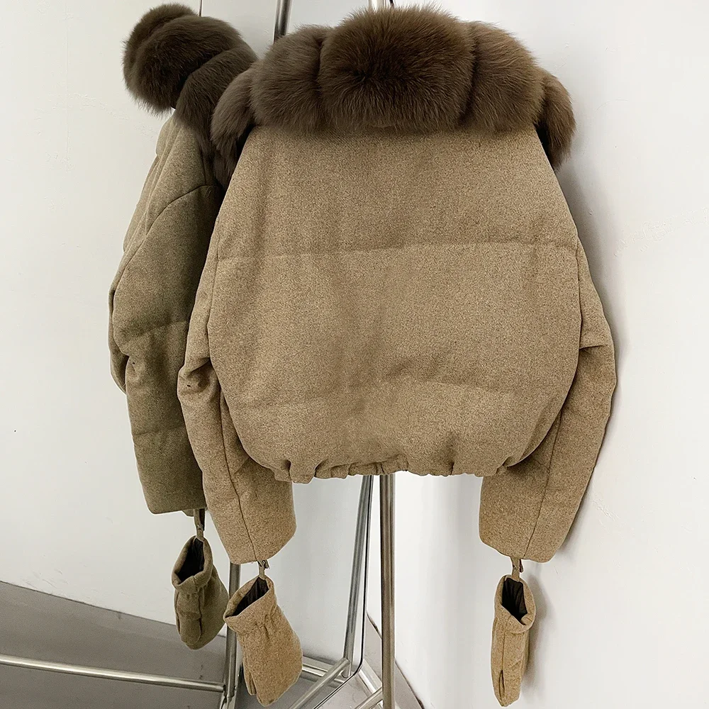 OFTBUY Neuer Winter-Puffermantel mit abnehmbaren Handschuhen, Damen-Woll-Daunenjacke mit echtem Fuchspelzkragen, kurze Kleidung mit echtem Pelzbesatz – Detail 10