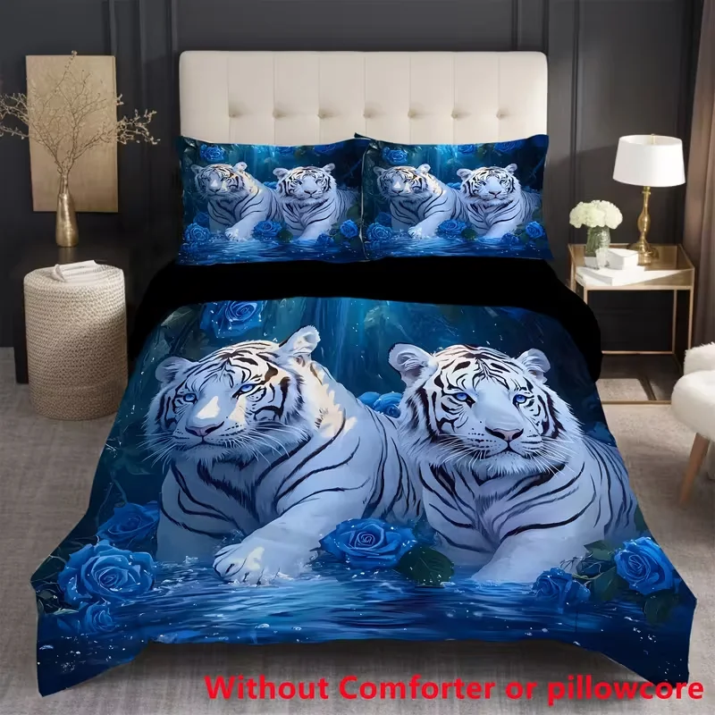 3pcs White Tiger Blue Rose Forest Lake Duvet Cover Set All-Season Comfort for Bedroom Room Kids Teens Gifts