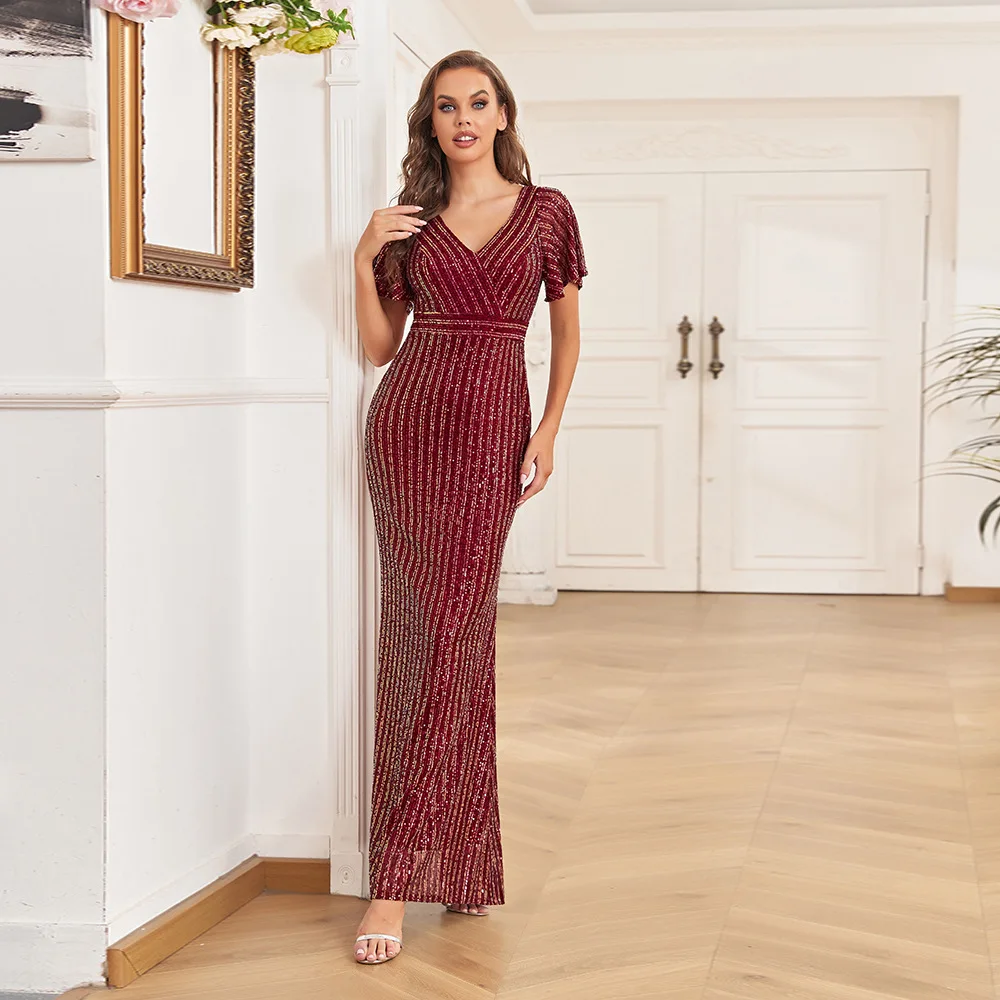 2024 New Short Sleeve Ruffle Stretch Long Dress Shiny Sequin Double V Neck Women's Floor-length Mermaid Evening Dress Party