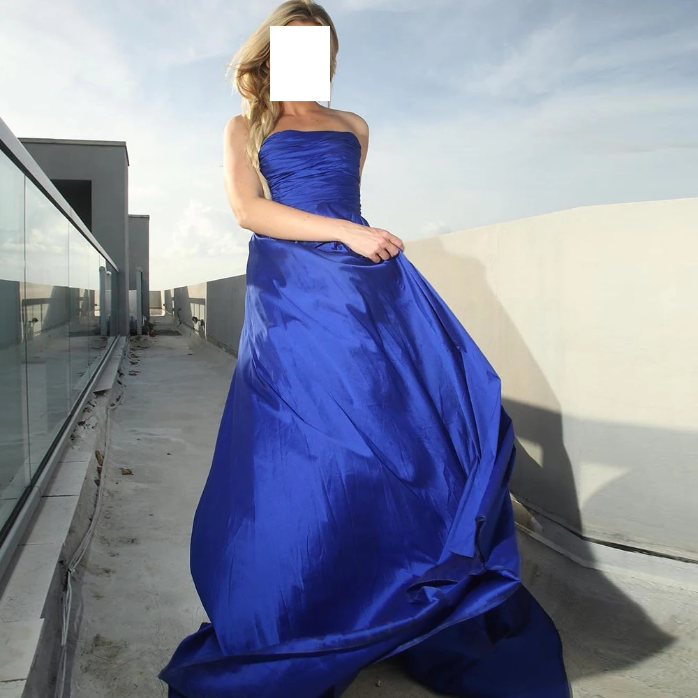 

Modern Straight Blue Floor Length Evening Dress Simple Strapless Jersey Sleeveless Pleats Saudi Arabia Bespoke Occasion Gowns