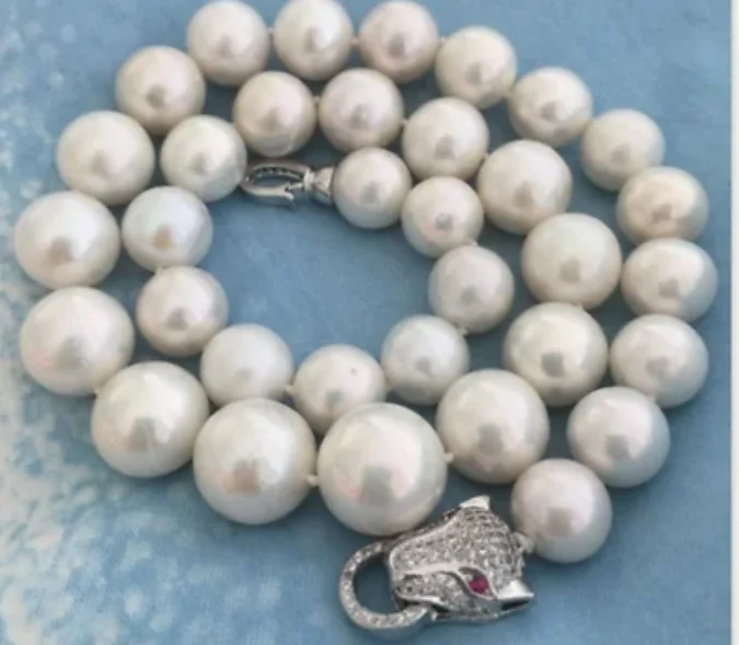 

Beautiful huge 15-12MM SOUTH SEA NATURAL White PEARL NECKLACE Leopard head CLASP 18" 36”