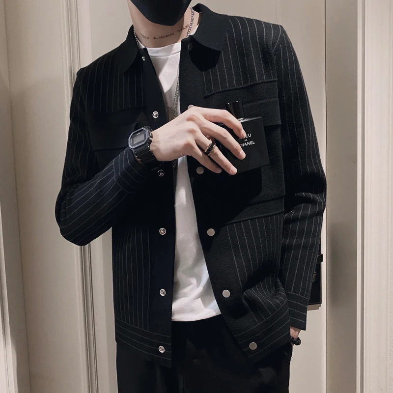 

Spring Autumn Men's Knitted Jaet Casual Striped Outerwear Faionable Button Decorated Slim Fit Polyester Long Sve