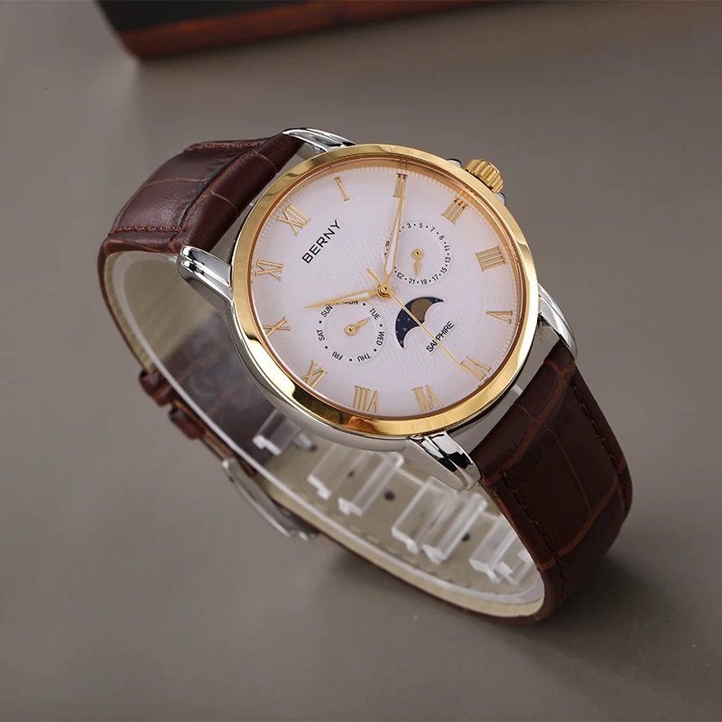BERNY Watches for Men Moon Phase Quartz Men's Watch Calendar Date Week Business Dress Wristwatch Sapphire Waterproof Stainless