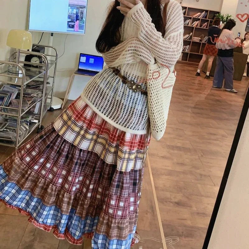 England Style Boho Plaid Patchwork Y2k Skirt 2024 Summer Vintage Niche High Waist Long Skirts Woman Beach Korean Fashion Faldas