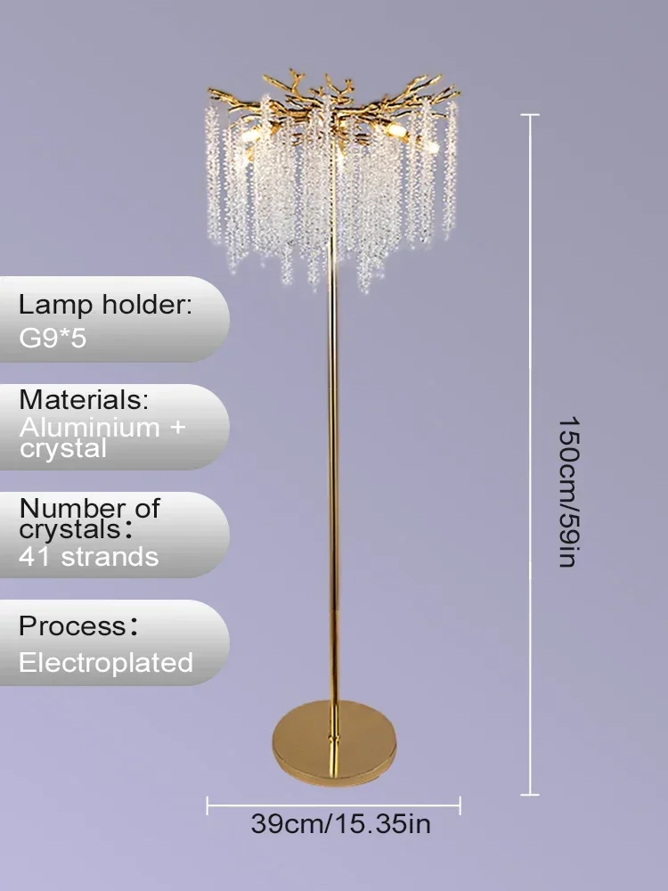 Imagem -04 - Lâmpada de Assoalho de Cristal Moderno para Sala de Estar Iluminação Interior Decoração do Quarto e do Casamento Luz de Assoalho Dourada g9 150cm