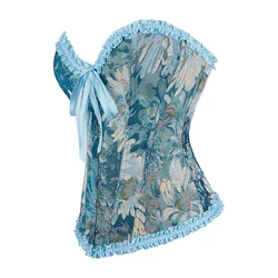 Blue Floral Oil Painting Overbust Corset Lace Trim Bustier Top Chic Korset Burlesque