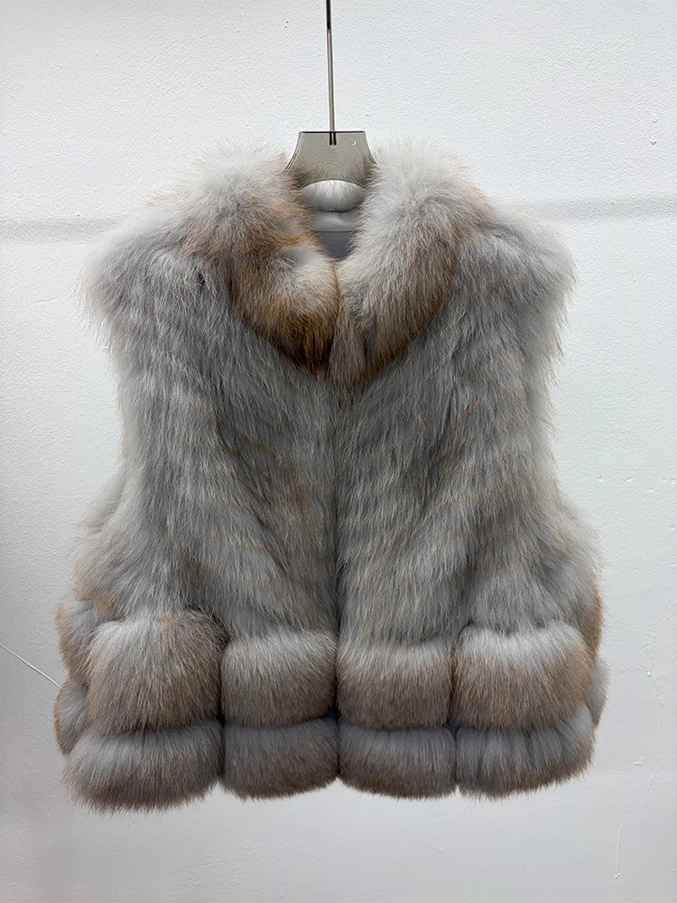 Winter Women's Warm Natural Real Fox Fur Vest Coat  Fur Strip Sewed Toghter Waistcoat Luxury Female Jacket Streetwear