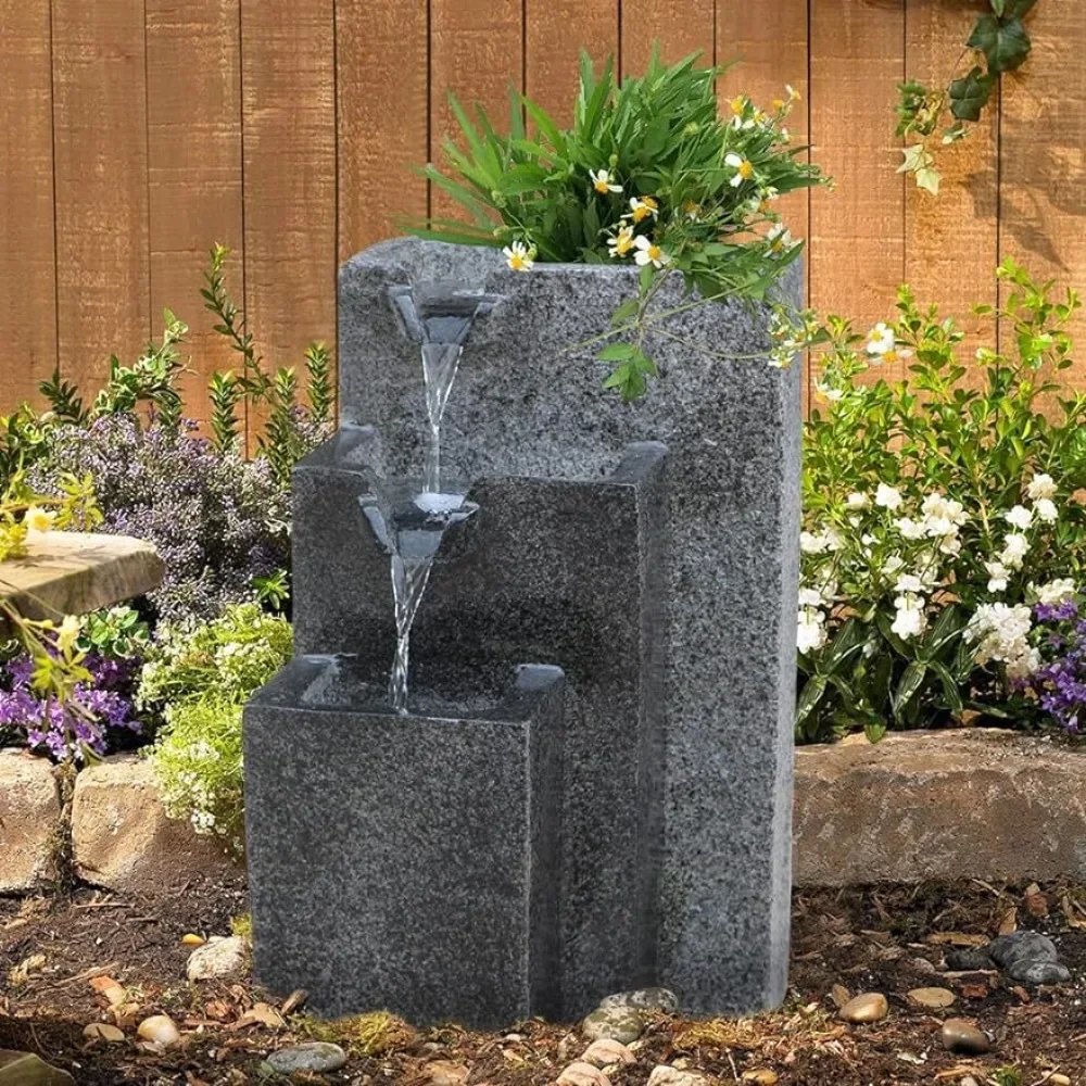 Water Fountain Decoration Rock Falling Water Fountain With LED Lights Three Tier Fountains With Low Splash Design Pump Included