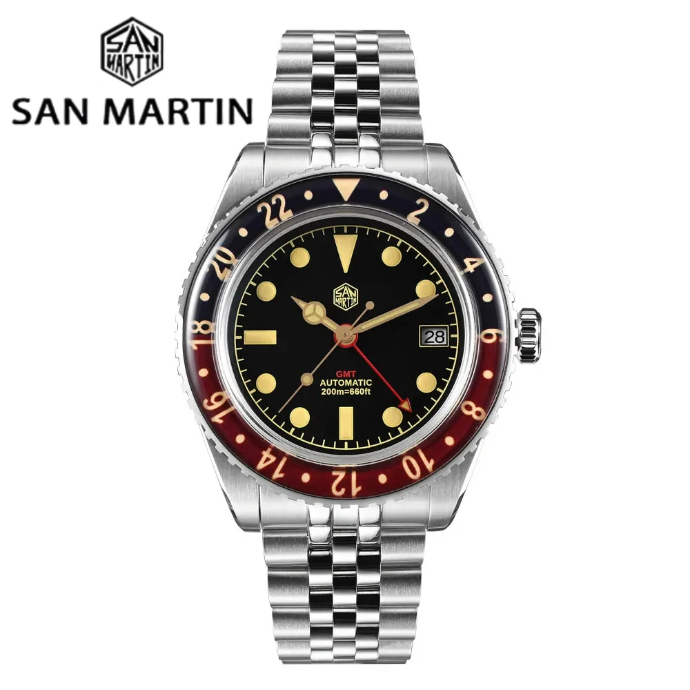 San Martin New 40mm Retro Classic GMT NH34 Men Luxury Automatic Mechanical Watch Sapphire Bezel Waterproof 200m Luminous SN0005