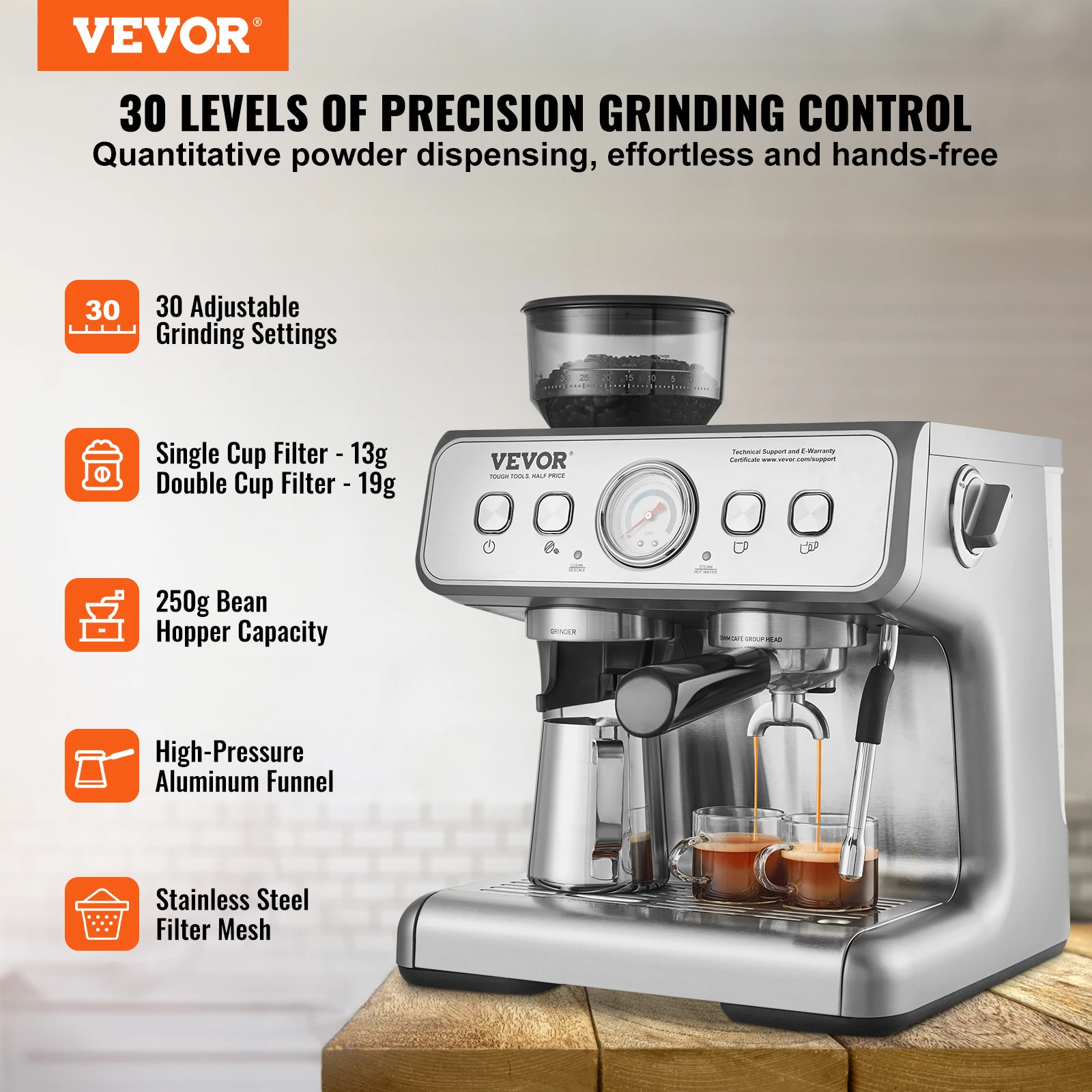 VEVOR Espresso Machine with Grinder, 15 Bar Semi-Automatic Espresso Coffee Maker w/Milk Frother Steam Wand, for Cappuccino,Latte