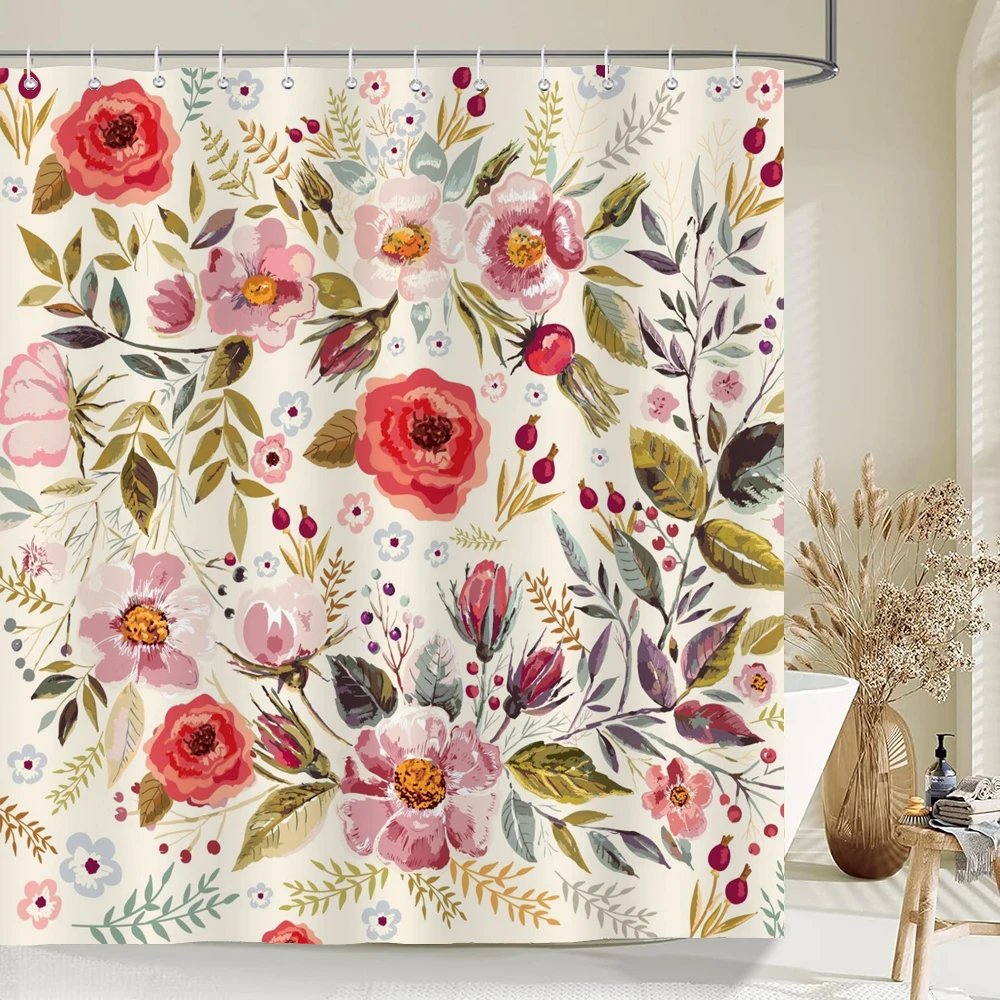 

180x180cm Waterproof Shower Curtain Pink Flowers Pattern Printing Polyester Fabric Home Decoration Bathroom Curtain With Hooks
