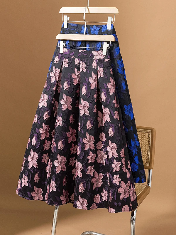 

plus Size Casual Print A-Line Skirt Slimming Taffeta Pleated Midi Skirt for Women plus Size Autumn Long Sleeve Color