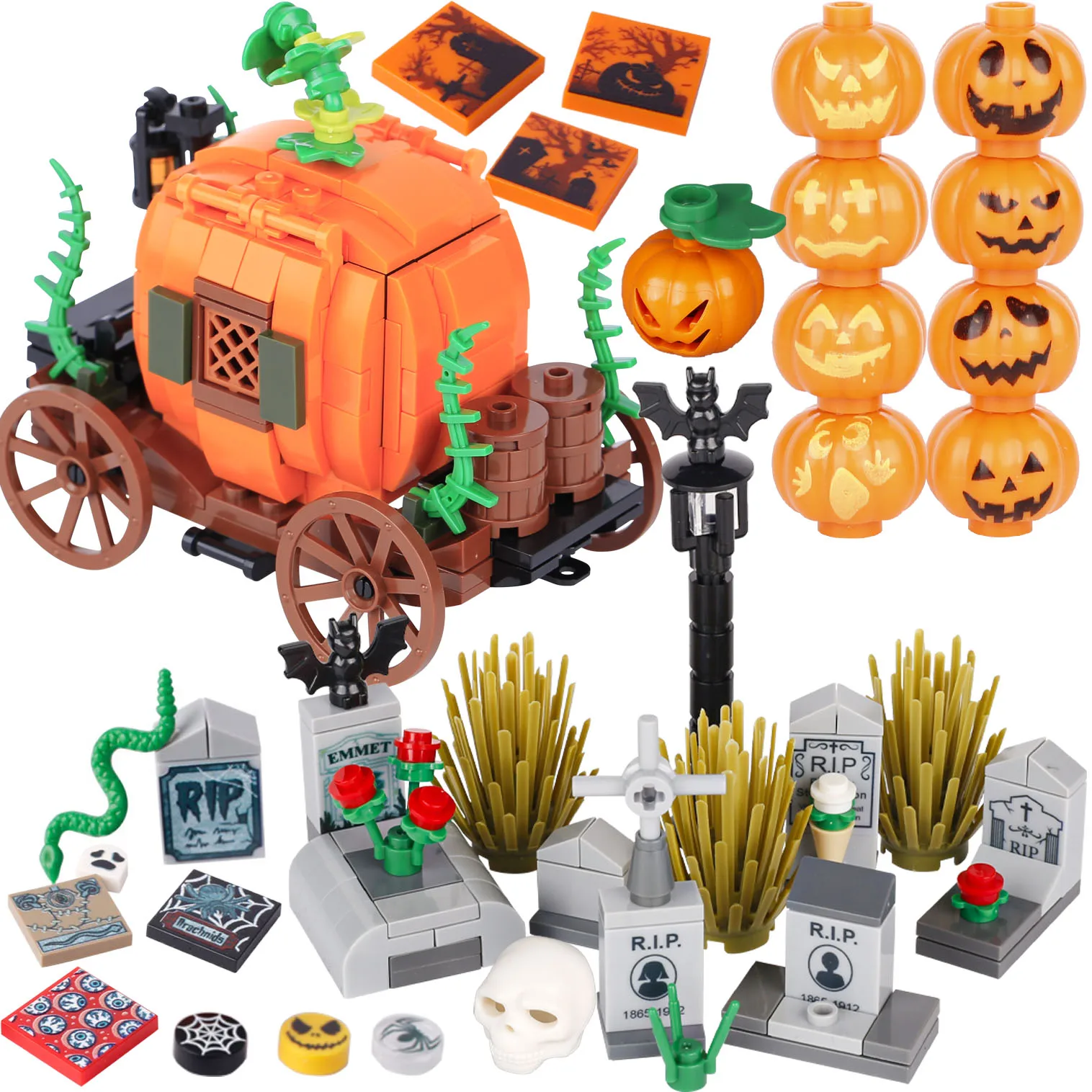 MOC Halloween Pumpkin Carriage Building Blocks Kit Tombstone Cemetery Spider Bat Snake Bricks Toys Kids Gift