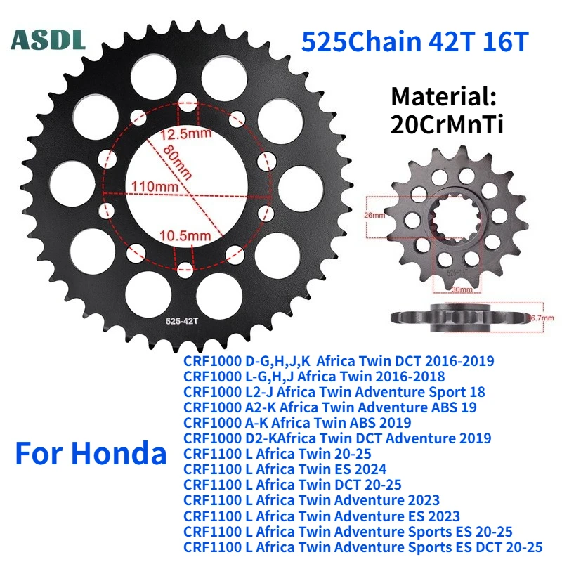 

525 42 16T Front Rear Sprocket for Honda CRF1000 CRF 1000 16-19 CRF1100L CRF1100 L Africa Twin Adventure Adv Sports ES DCT 20-25