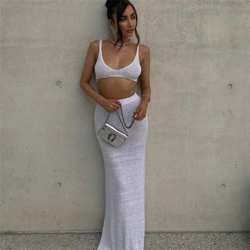 Women Maxi Knitted Dress Swimsuit Women Sexy Sweater Bikini Cropped Top and High Waist Skirt 2 Pieces Swimwear Beach Cover-ups