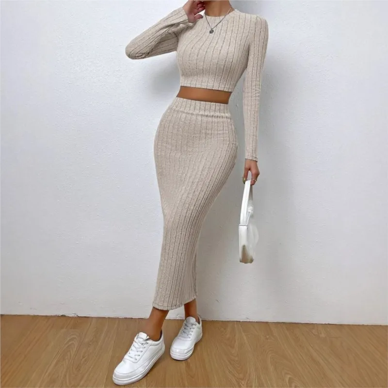 

Autumn Fashionable Pure Color Skirts 2 Piece Casual O-neck Long Sleeve Tops & Wrap Hip Skirt Knitted Suit Women Slim Fit Set
