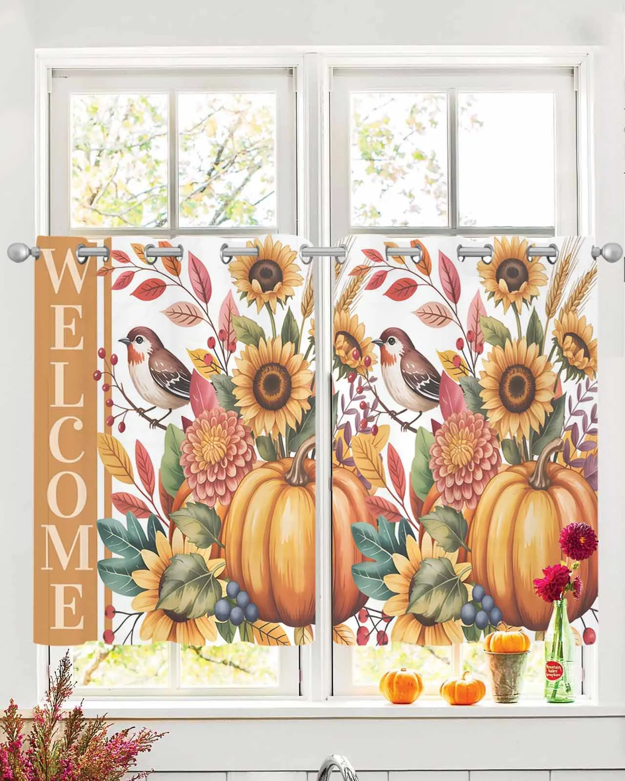 

2pcs Tulle Window Curtains Modern Harvest Pumpkin Tits for Living Room Bedroom Transparent Chiffon Sheer Voile Window Curtain