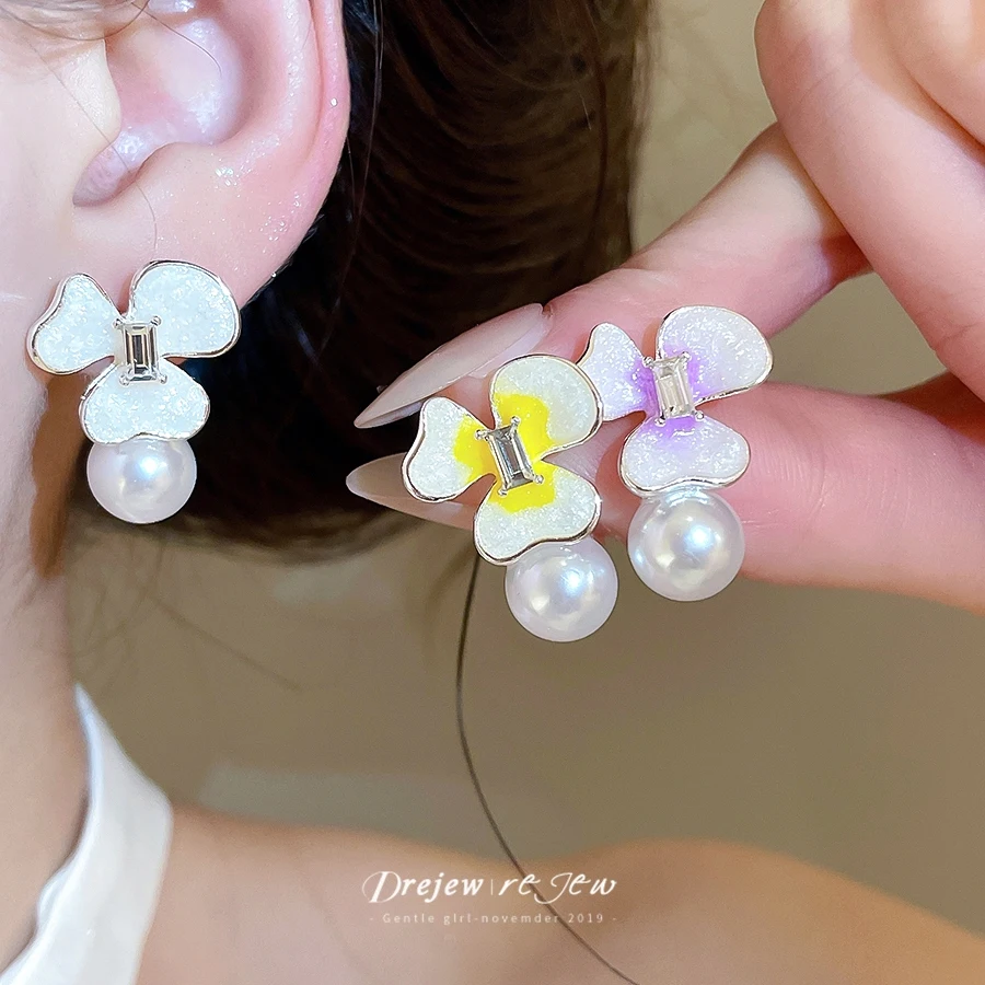 DREJEW Rhinestones Dripping Oil Flower Gradient Pendant Earrings Forest Style Elegant High-end Earrings Design Niche Accessories