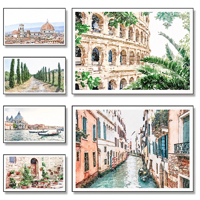 Italy City Watercolor Travel Posters Florence Venice Tuscany Rome Vatican Landscape Canvas Painting Art Picture Wall Home Decor