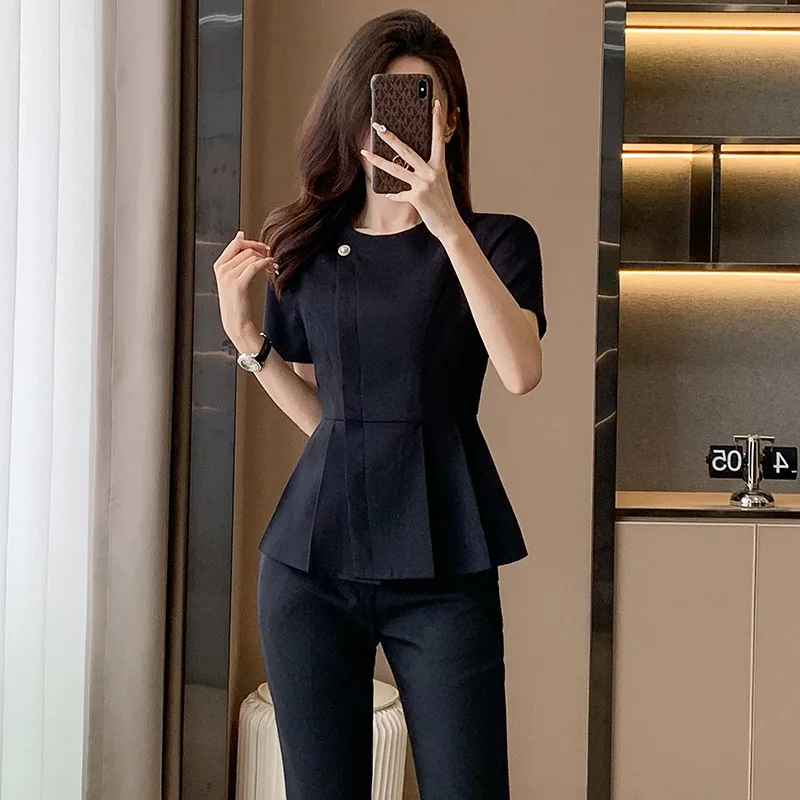 Summer Thin Stand Collar Suit Women's Short Sleeve Temperament Lotus Leaf Swing Business Wear Jewelry Shop Beauty Salon Workwear