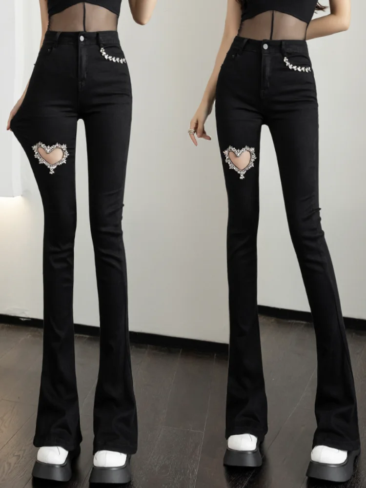 

Beaded Rhinestones Stretch Flared Jeans Women Skinny Denim Trousers Pantalon Mujer Hollow Out Boot-Cut Pants Femme Tall Girls